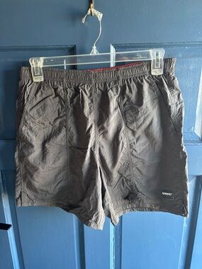 Speedo Men’s Dark Gray Swim Trunks with Subtle Orange Waistband Trim